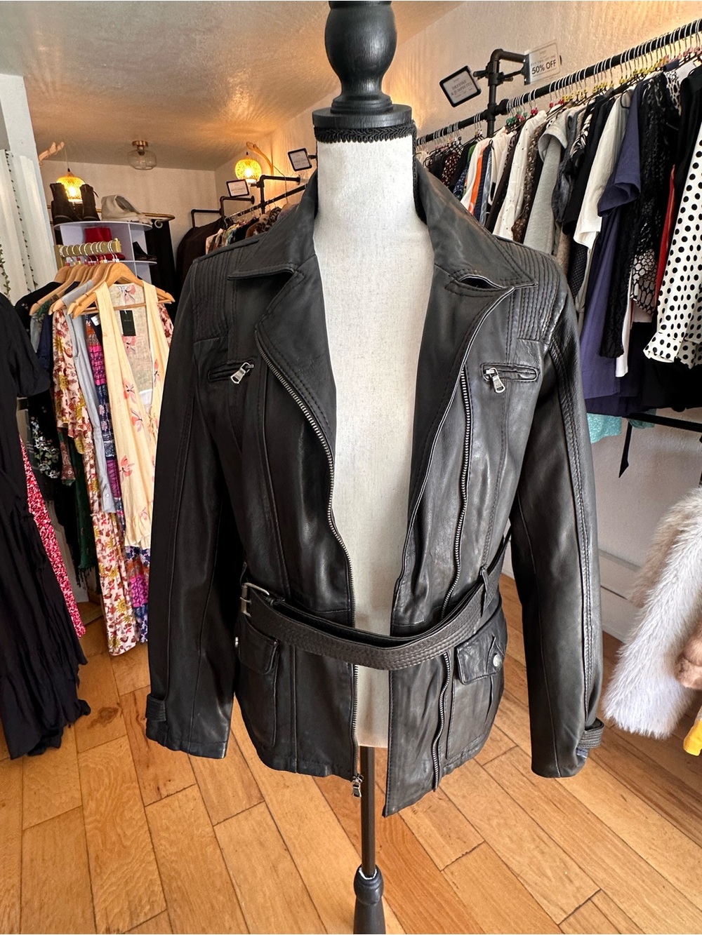Wilsons Leather Black Belted Moto Jacket